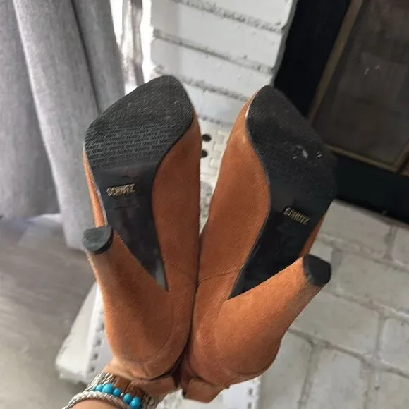 Schutz Women Dalya Ankle Bootie Brown Cognac Heel Suede Size 8 Sexy - Picture 3 of 7